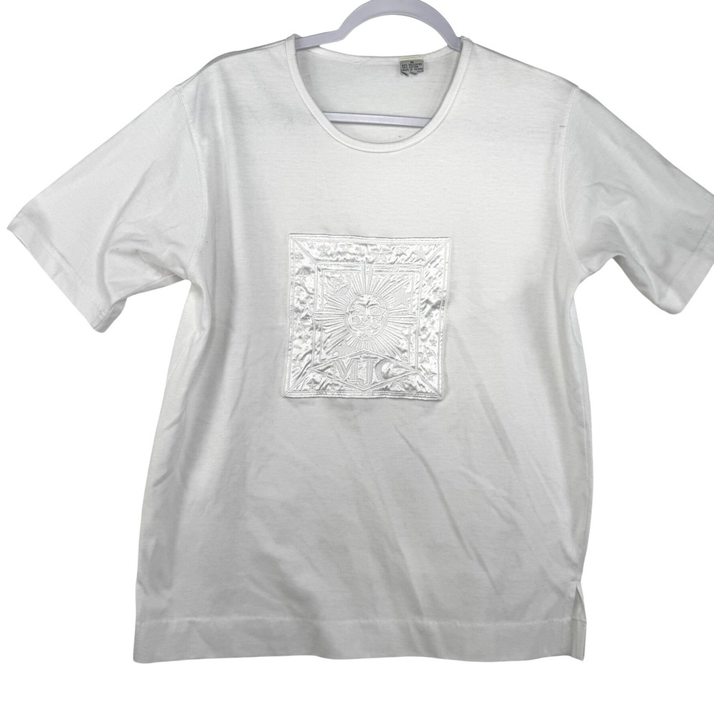 MJC White Celestial Sun Moon Graphic Tee Short Sleeve Satin Patch Size M